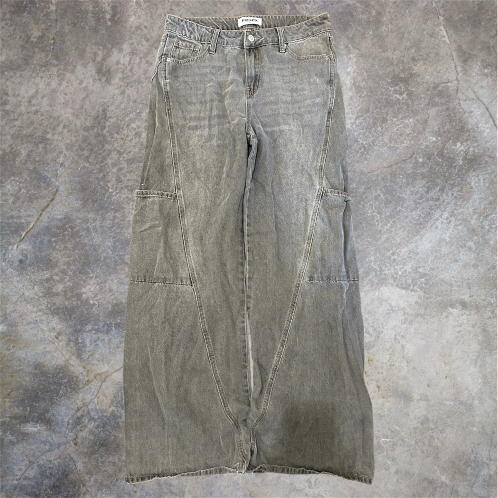 RSQ Grey Washed Wide Leg Panel Detail Denim Jeans